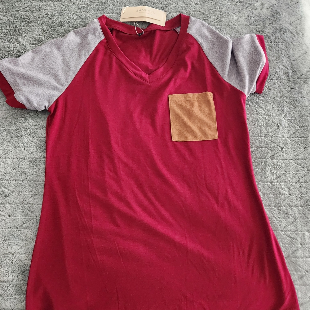 Women's Red and Gray Short Sleeve Tee with Pocket